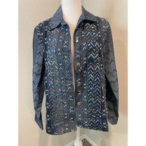 Coldwater Creek Denim Aztec Embroidered Beaded Jacket